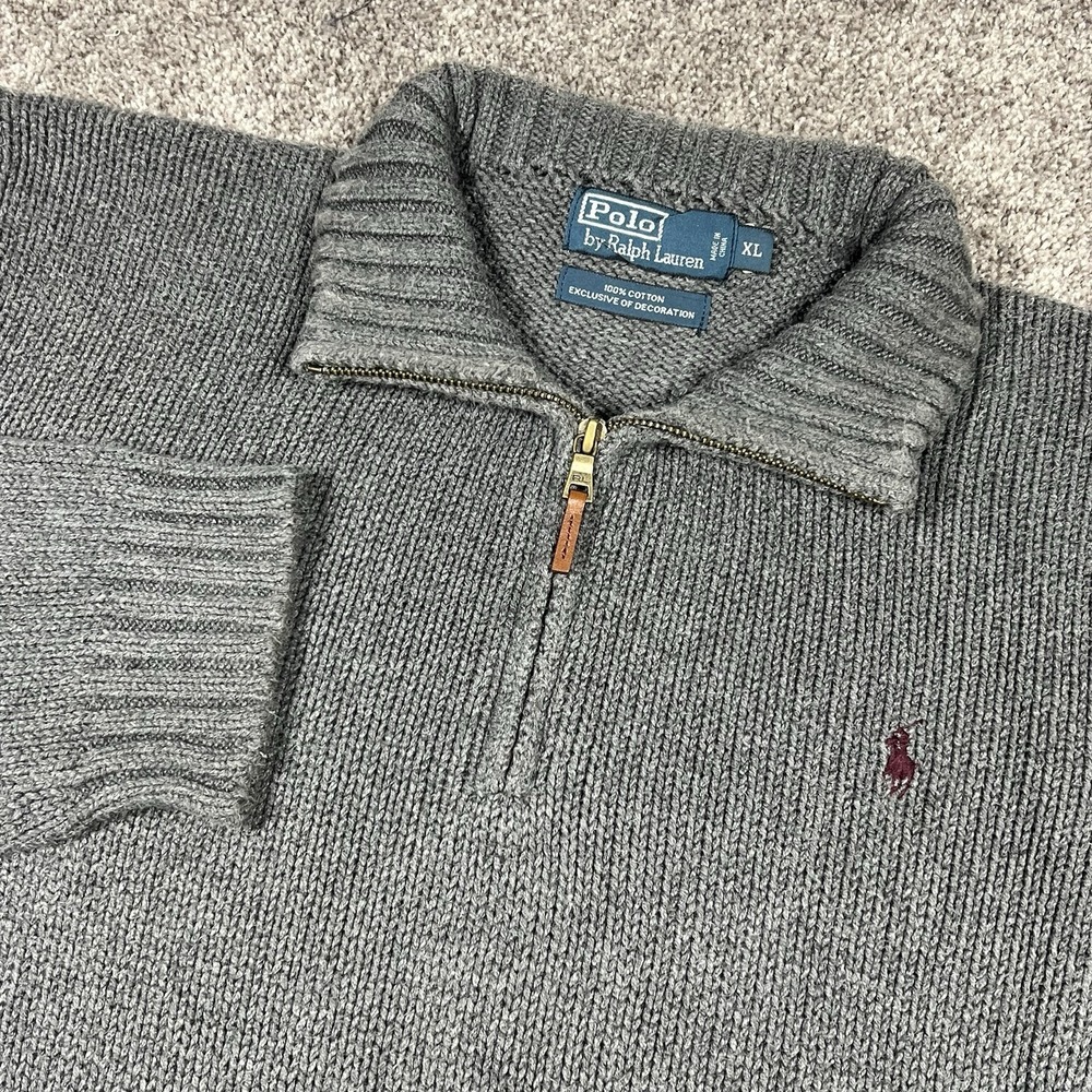 VTG 90s Polo Ralph Lauren Sweater Mens XL Gray Heavy Cotton Chunky Knit 1/4 Zip